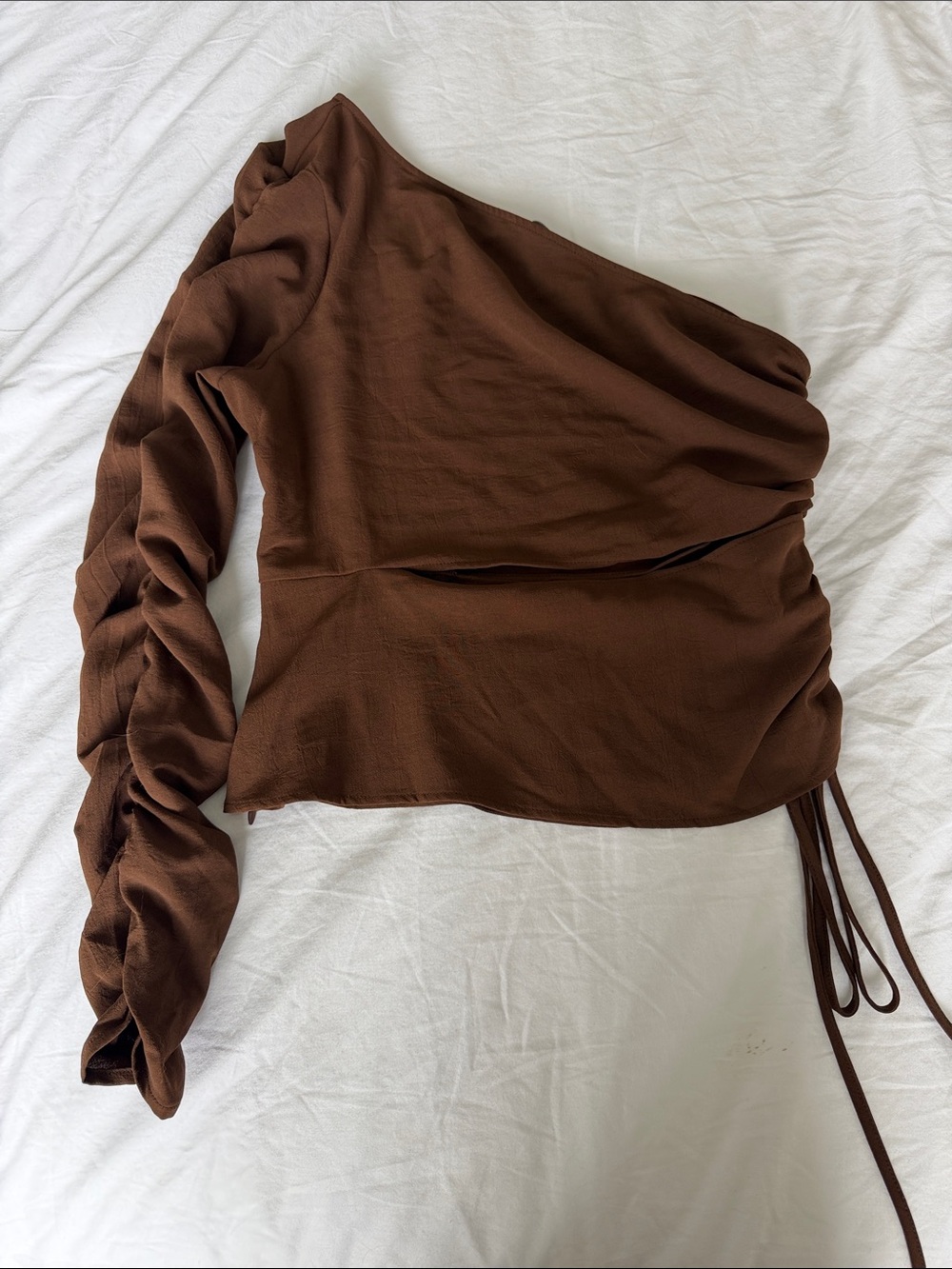 Zara Brown One-Shoulder Ruched Sleeve Crop Top
